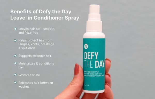 Infographic of the benefits of using the Defy the Day Leave-in Conditioner Spray.